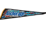 Detailed scenic graphics across a black felt Anchorage Alaska pennant, vintage 1980s.