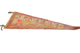 Left end of vintage terracotta felt pennant with 'HOLLAND' text, Dutch figures, and pinholes.