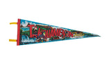 Vintage blue, red Tahquamenon Falls felt pennant with scenic waterfall and deer design.