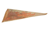 Vintage Huckleberry Railroad felt pennant detail, faded train graphic, blue and yellow border.