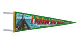 Vintage green felt pennant displaying 'I Walked Big Mac' and Mackinac Bridge, 8x27.