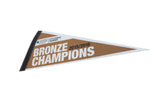 Angled perspective of the Bronze Champions felt pennant showing its black stitched edge.