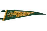 Vintage Northern Michigan University Wildcats logo on green felt pennant with yellow trim.