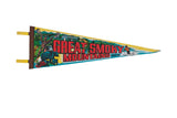 Vintage Great Smoky Mountains felt pennant, yellow with colorful natural and human elements, 8x25 inches.