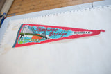 Vintage red felt Mackinac Bridge pennant measured to its full 26-inch length.