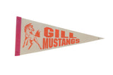 Vintage Gill Mustangs felt pennant with orange graphics on a cream background and a red spine.
