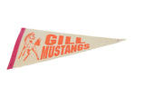 Angled view of the vintage Gill Mustangs pennant highlighting its orange graphics and pink felt trim.