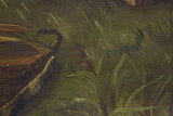 Dark green brushstrokes and a reddish exposed area on the antique oil painting canvas.