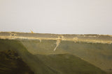 Detail of the antique oil painting's top canvas edge, showing fraying, looseness, and tacks.