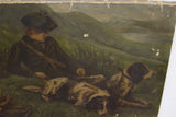 Frayed canvas edge and rips on the antique hunting painting.