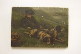 Antique oil painting of boy with hunting dogs, showing aged canvas and distressed edges.