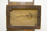 Reverse side of antique Hunting Game painting with primitive wood frame and aged canvas.
