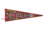 Vintage circa 1980s Los Angeles red felt pennant with colorful city illustrations, 8 by 25 inches.