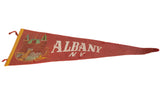 Felt Albany NY pennant in vintage red, showcasing white text and slight curling.