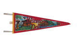 Vintage Wisconsin Dells felt flag pennant in red with a colorful scenic landscape graphic.