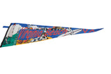Blue vintage Virginia Beach felt pennant with red text and colorful beach scene graphics.