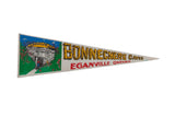 Vintage felt pennant for Bonnechere Caves, Ontario, with a retro cave graphic and bold yellow text.