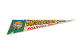 Angled view of the vintage Bonnechere Caves felt pennant, showing its tapered shape.