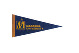 Madonna University felt flag pennant in blue and gold with a tan stitched edge.