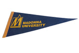 Madonna University felt pennant with its gold logo and lettering on a navy blue background.