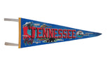 Vintage 1980s Tennessee felt pennant, blue with red lettering and state symbols, 9 x 26 inches.