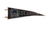 Vintage St. Louis, Missouri felt pennant with white text, Gateway Arch, and stadium, 9 x 27 inches.