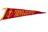 Vintage 1970s felt pennant, red with gold Ferris State University emblem.