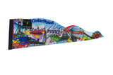 Vintage Cedar Point felt flag pennant with vibrant graphic illustrations of roller coasters.