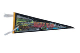 Black vintage Mackinac Island Michigan felt pennant with colorful scenic illustrations, 9x26 inches.