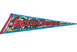 Bright blue felt pennant featuring playful dinosaur illustrations and bold red lettering.