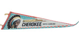 The long, tapered shape and curled tip of the vintage Cherokee felt pennant.