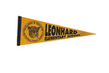 Vintage Leonhard Elementary School felt pennant in yellow with black lettering and a leopard emblem.