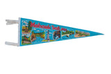 Vintage Mohawk Trail, Massachusetts felt pennant with colorful landmark illustrations on a turquoise blue field.