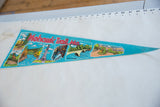 Angled view of the turquoise felt Mohawk Trail, MA pennant showing its full length.