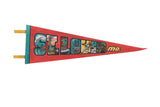 Vintage 1970s St. Louis, Missouri red felt pennant with graphic landmark illustrations.