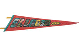 Angled view of a vintage St. Louis red felt pennant showing its classic postcard-style graphics.