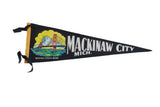 1970s Mackinaw City Michigan felt pennant, black with vintage graphic art, 8x26.
