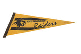 Vintage North Farmington Raiders felt pennant in yellow and black shown at an angle.
