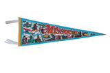 Vintage light blue Missouri felt pennant with red lettering and state landmark illustrations.