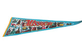 Vintage Missouri felt pennant showcasing colorful state symbols and bright yellow trim.