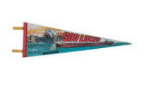 Vintage felt pennant for Soo Locks, Michigan featuring a freighter ship and red lettering.