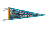 Vintage Washington D.C. felt pennant in bright blue with retro graphics of city landmarks and red script.