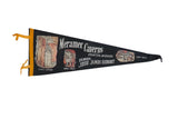 Vintage black felt Meramec Caverns pennant with illustrated scenes from the Jesse James hideout.