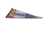 Full view of the vintage Detroit Tigers pennant showing its Centennial graphics and long tapered shape.