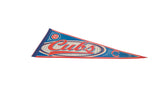Left end of a vintage Chicago Cubs felt pennant showing the red UBS logo.