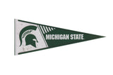 Green felt Michigan State pennant featuring a distressed Spartan helmet logo and white lettering.