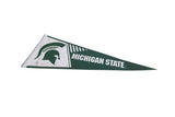 Angled view of a green vintage Michigan State pennant showing its distressed white Spartan logo.