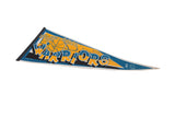 Mid-1990s Golden State Warriors felt pennant with blue and gold basketball logo.