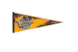Vintage 2000s Detroit Pistons felt pennant showing the horse logo with black flames on a yellow field.