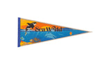 Vintage Sea World felt pennant with a colorful graphic of an orca and dolphins at sunset.